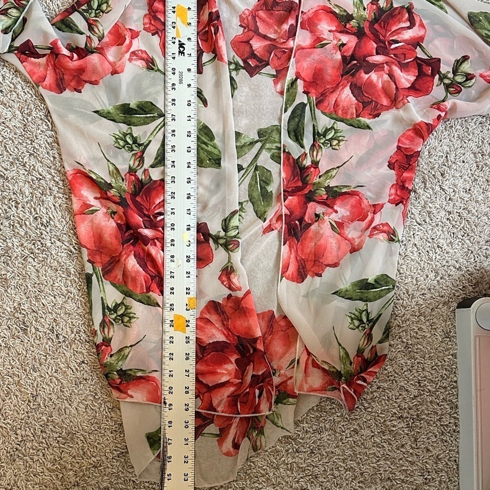 Tan with Red Roses Floral Sheer Bell Sleeves Kimono Swimsuit Cover-Up - Picture 10 of 10